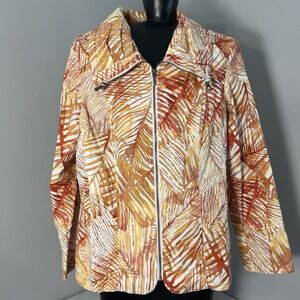 Chicos Orange Leaf Print Full Zip Jacket Women's 1 (8/Med)Long Sleeve Mock Neck